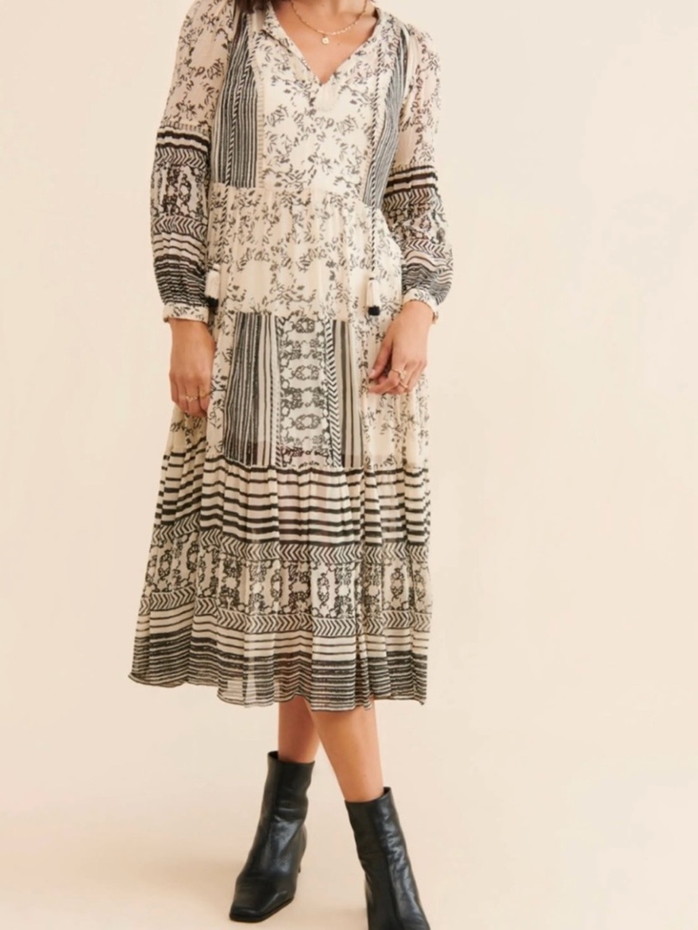 Anthropologie Tallulah Tiered Midi Dress 1X Boho Midi Dress in Black & Cream